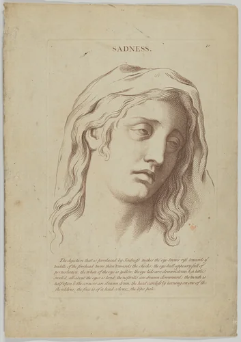 Sadness, plate 13 from "Heads Representing the Various Passions of the Soul; as they are Expressed in the Human Countenance: Drawn by that Great Master Monsieur Le Brun" by anonymous, print, 1765-1800