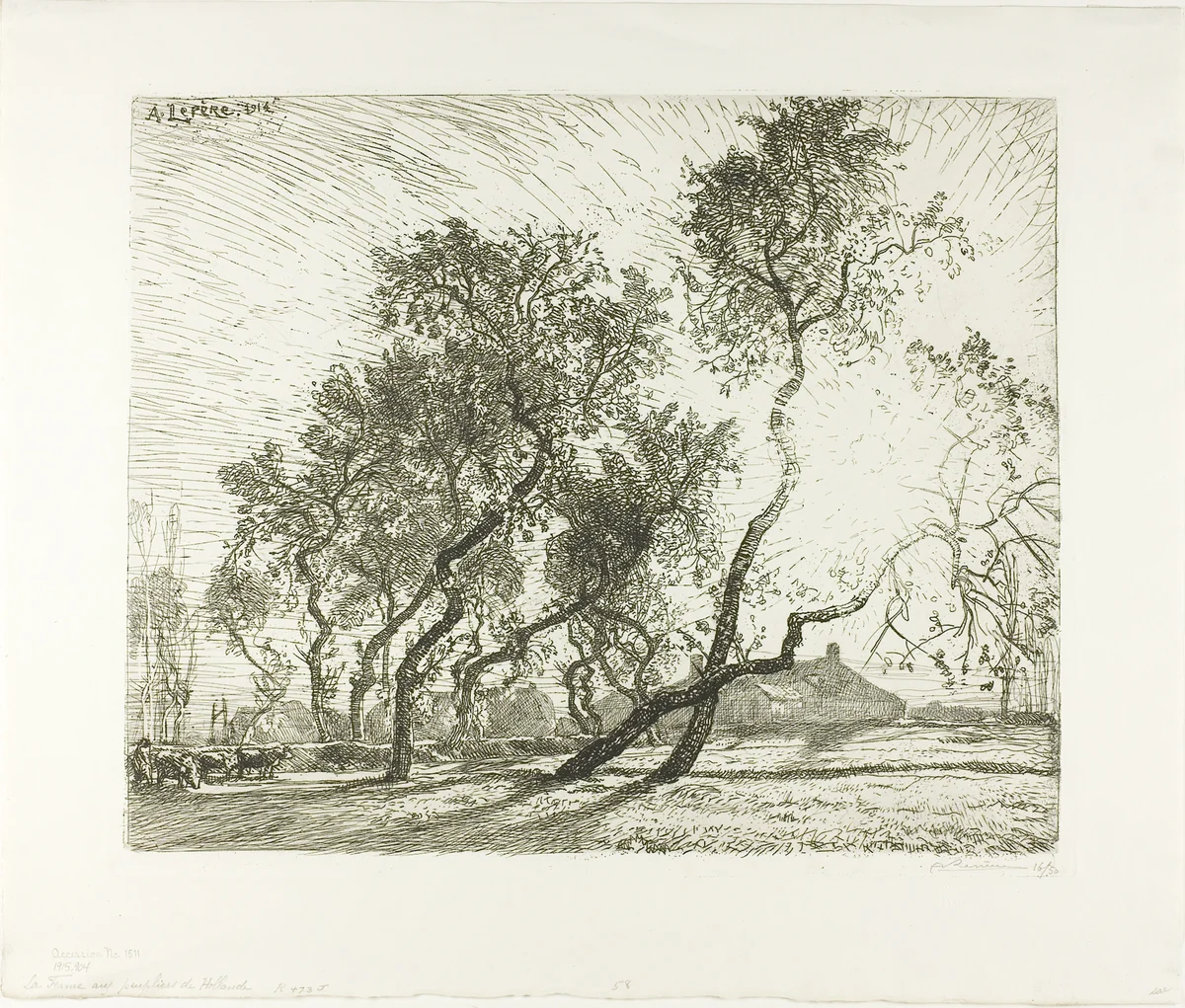 Farm with Dutch Poplars by Louis Auguste Lepère, print, 1914
