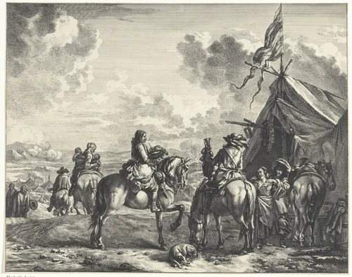 Soldaten bij een tent met vaandel, pul en krans by Jan de Visscher, print, 1643-1692