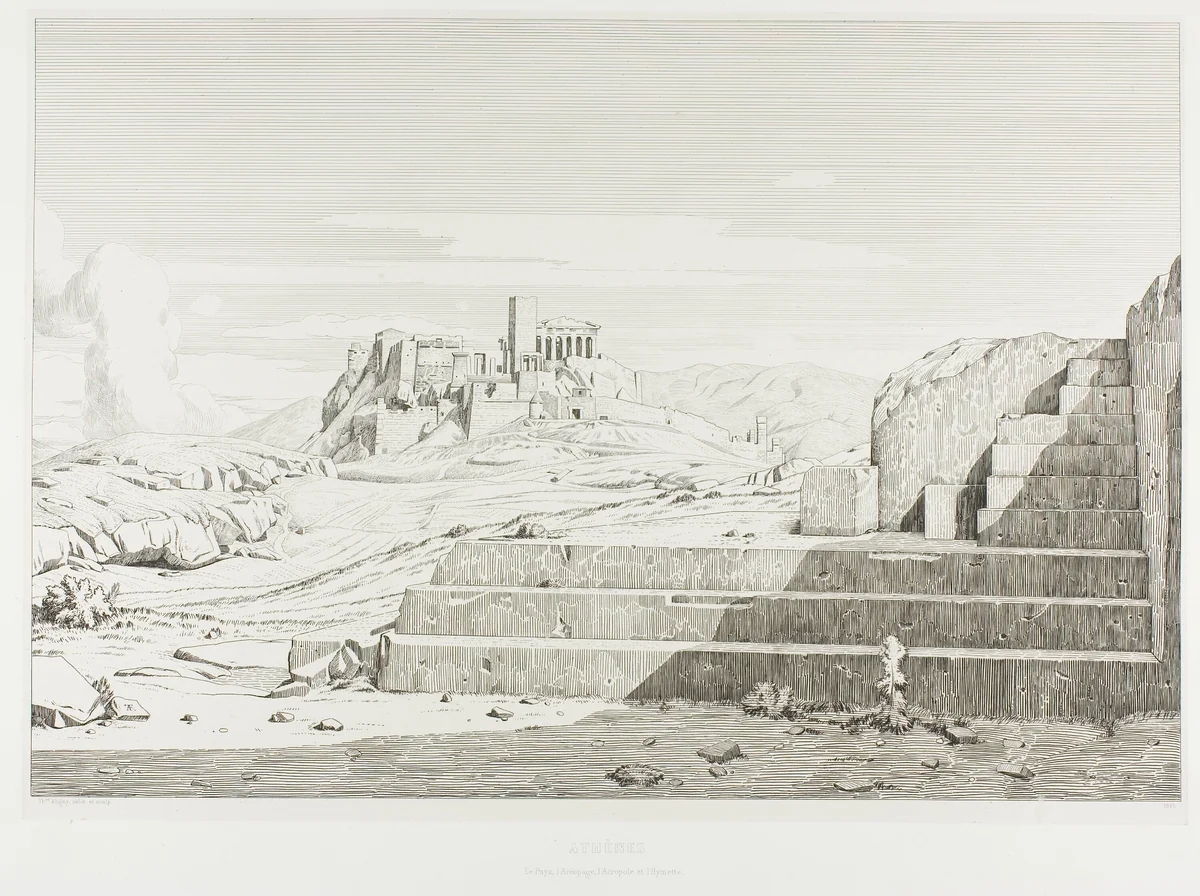 The Acropolis, Athens: The Pnyx, Areopagus, Acropolis and Mount Hymmettos by Théodore Caruelle d' Aligny, print, 1845