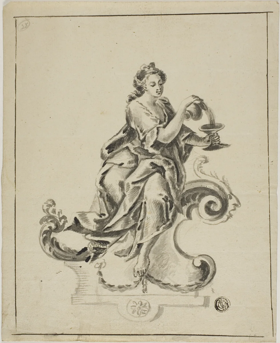 Woman Seated on Rococo Scroll by Unknown Artist, drawing, 1700-1799