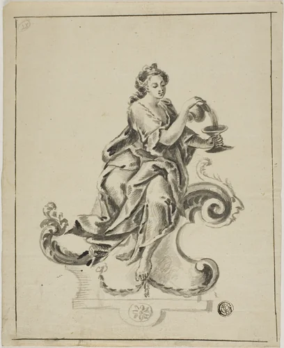 Woman Seated on Rococo Scroll by Unknown Artist, drawing, 1700-1799