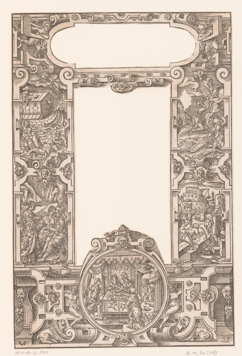 Ornamentlijst met rolwerk en vijf oudtestamentische scènes by Sigmund Feyerabend, print, 1560