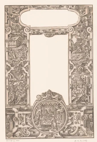 Ornamentlijst met rolwerk en vijf oudtestamentische scènes by Sigmund Feyerabend, print, 1560