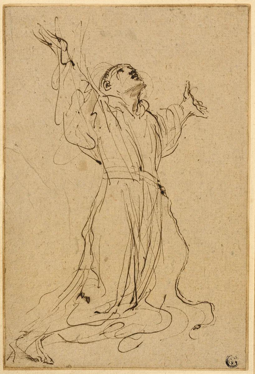 Study for Saint Francis Receiving the Stigmata by Guercino, drawing, 1632-1634
