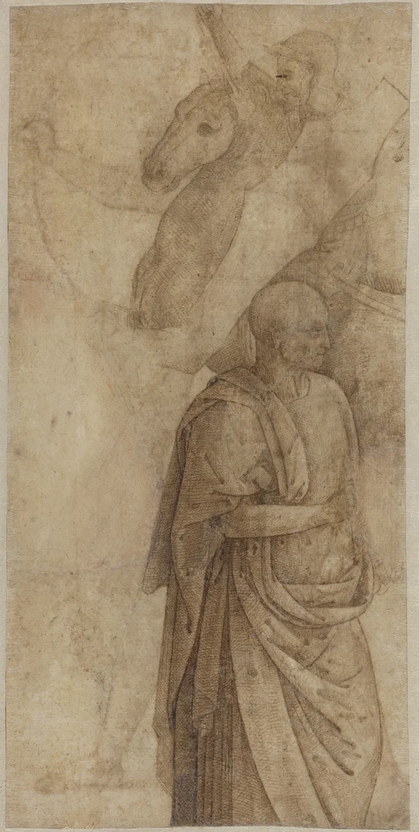 Rider and Standing Draped Man, after the Antique [verso] by Pietro Perugino, drawing, 1500