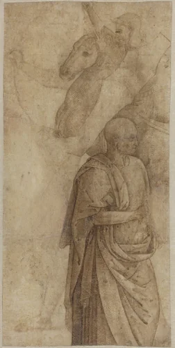 Rider and Standing Draped Man, after the Antique [verso] by Pietro Perugino, drawing, 1500