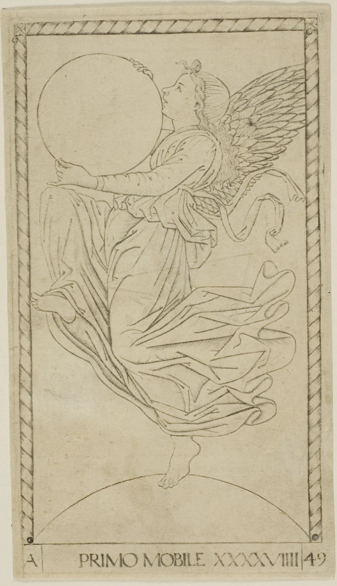 The Angel of the Ninth Sphere, or Primum Mobile, plate 49 from Planets and Spheres by Master of the E-Series Tarocchi, print, 1460-1470