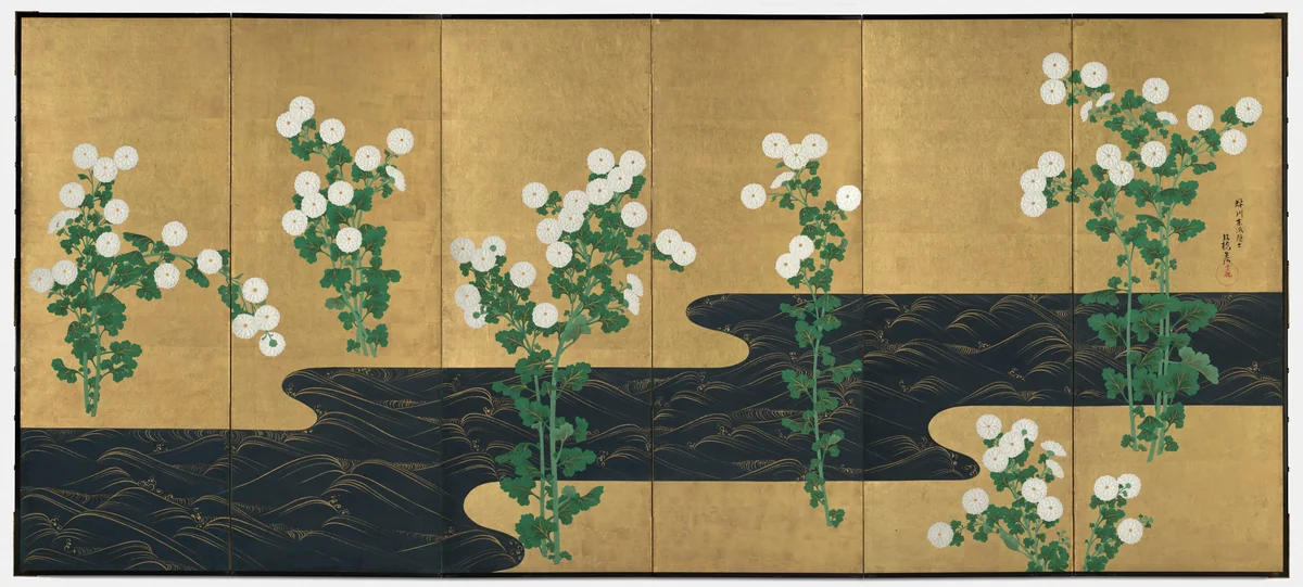 Chrysanthemums by a Stream by Ogata Kōrin, painting, 1715-1930