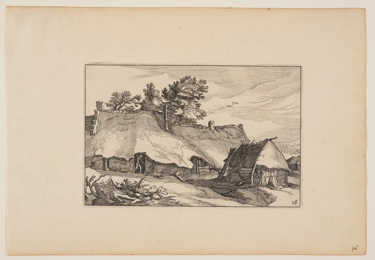 A Farm, Man in the Doorway, from Landscapes (Verscheyden aerdige Lanthuysen...) by Claes Jansz Visscher, print, 1620
