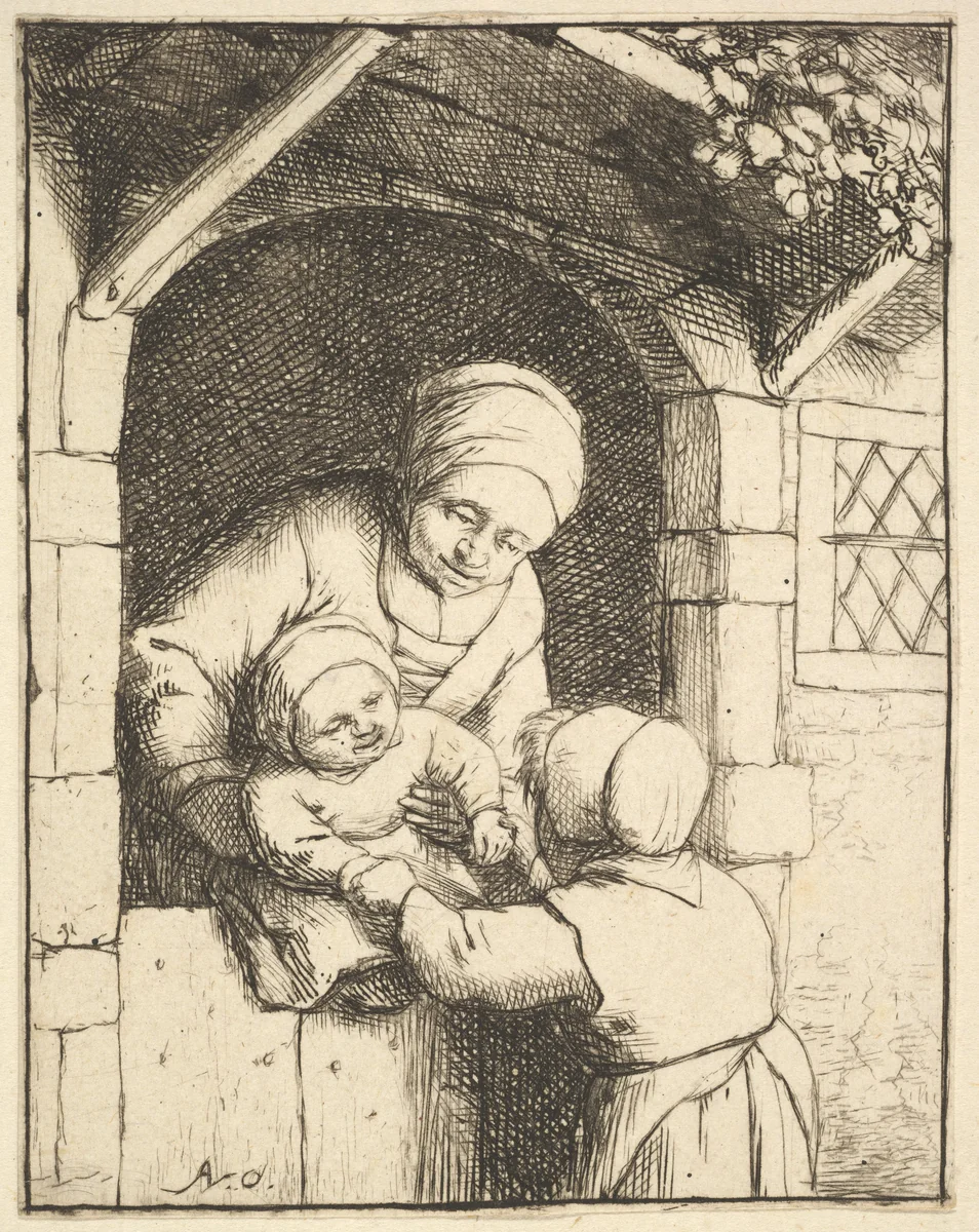 Little Girl Playing with a Baby in its Mother's Arms by Adriaen van Ostade, print, 1610-1685