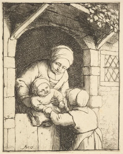 Little Girl Playing with a Baby in its Mother's Arms by Adriaen van Ostade, print, 1610-1685