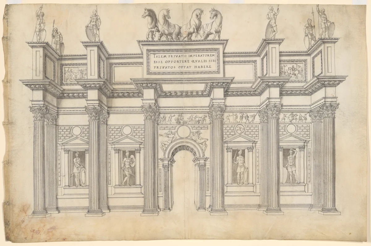A Monumental Archway with Five Bays in the Corinthian Order by Jacques Androuet du Cerceau, drawing, 1520-1585