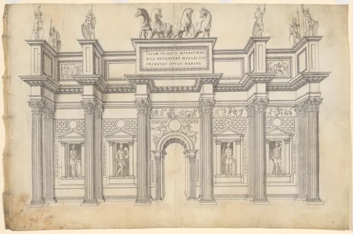 A Monumental Archway with Five Bays in the Corinthian Order by Jacques Androuet du Cerceau, drawing, 1520-1585