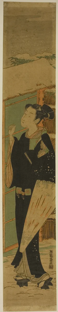 Young Man with Umbrella Knocking on Gate in Snow by Isoda Koryusai, print, 1769-1779