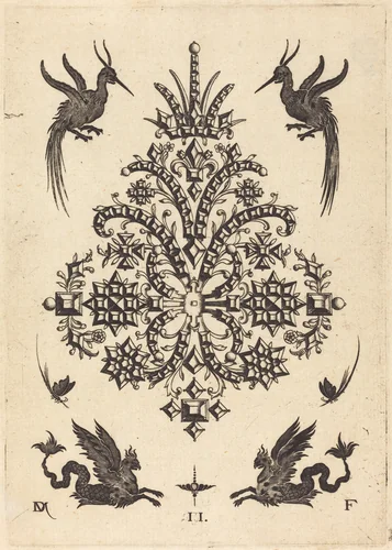Brooch with Tablestones and Winged Griffins Above and at Bottom by Daniel Mignot, print, 1596