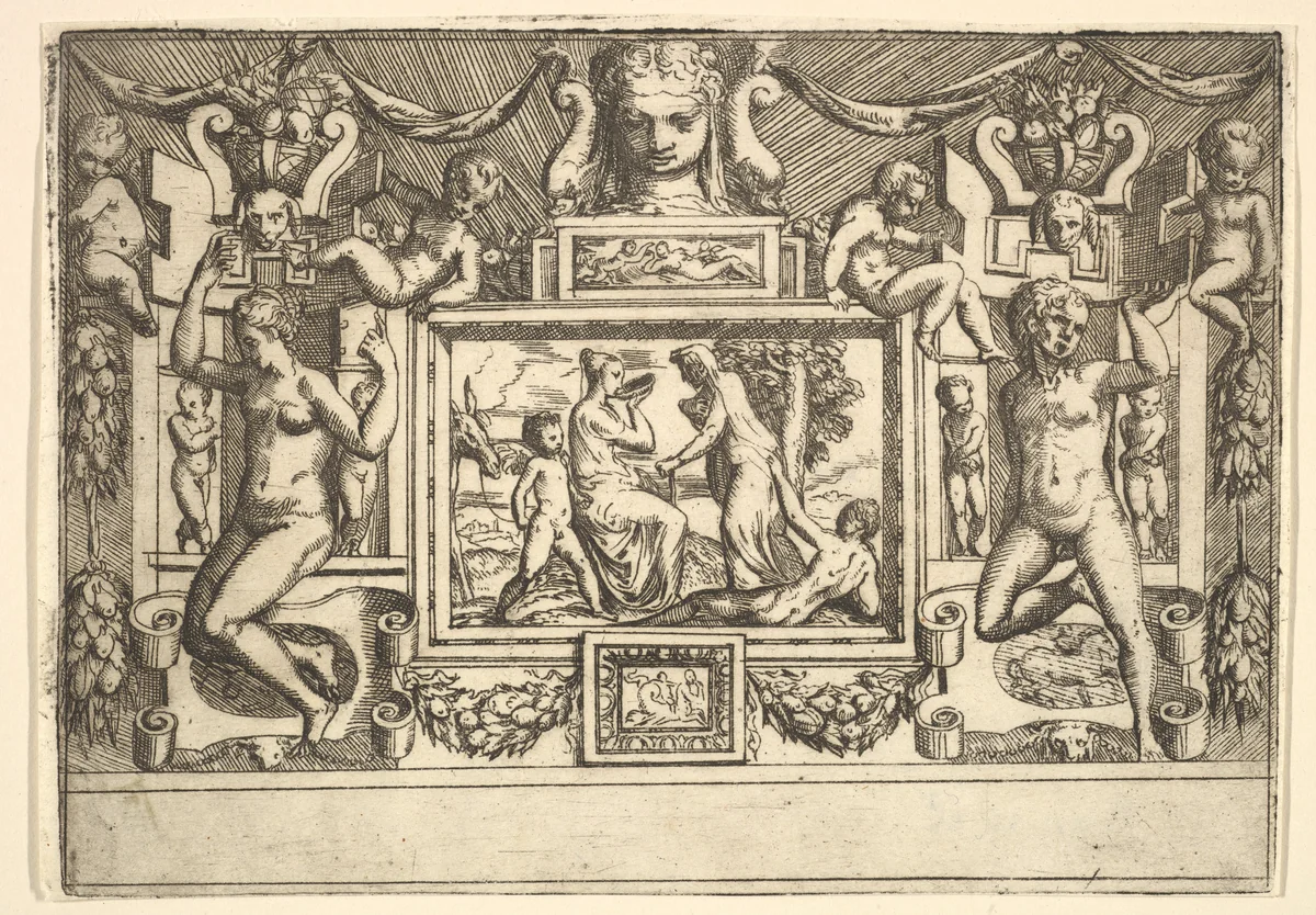 Young woman drinking from a bowl, an old woman standing in front of her, set within an elaborate frame by Battista Angolo del Moro, print, 1535-1580