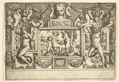 Young woman drinking from a bowl, an old woman standing in front of her, set within an elaborate frame by Battista Angolo del Moro, print, 1535-1580