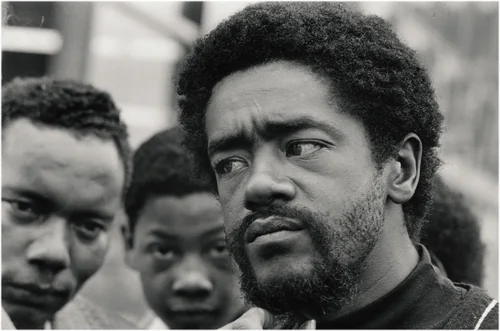 In a Time of Panthers 14, Bobby Seale, chairman of the Black Panther Party, speaking to media, Oakland CA by Jeffrey Henson Scales, photograph, 1969