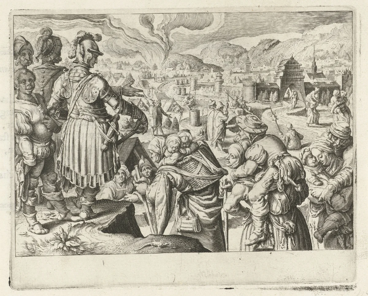 De vrouwen van Weinsberg dragen hun mannen op de rug de stad uit by Zacharias Dolendo, print, 1606