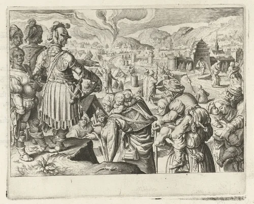 De vrouwen van Weinsberg dragen hun mannen op de rug de stad uit by Zacharias Dolendo, print, 1606