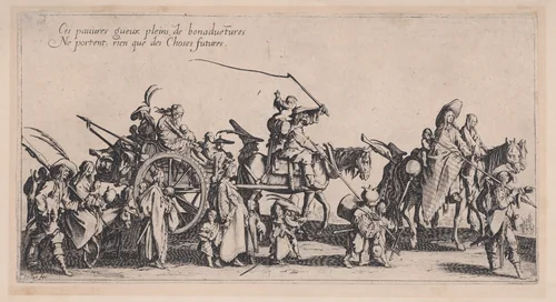 Les Bohémiens en Marche: L'Arrière-Garde, pièce aussi appelée Le Départ (The Gypsies Travelling: The Rear Guard, also called The Departure), from Le Bohémiens, série appelée aussi Les Égyptiens, La Marche des Bohémiens, La Vie Errante des Bohémiens, Les Marches Égyptiennes (The Gypsies, series also called The Egyptiens, The Gypsy Troops, The Wandering Lives of Gypsies, The Egyptian Troops) by Jacques Callot, print, 1610-1635