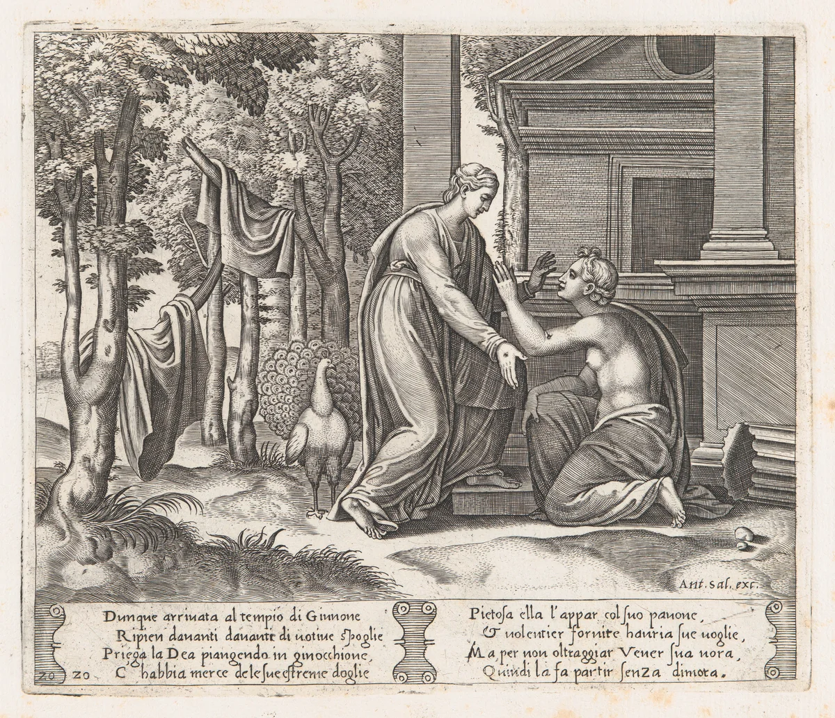 Plate 20: Juno, standing at left, sends away Psyche, who kneels before her, from "The Story of Cupid and Psyche as told by Apuleius" by Master of the Die, print, 1530-1560
