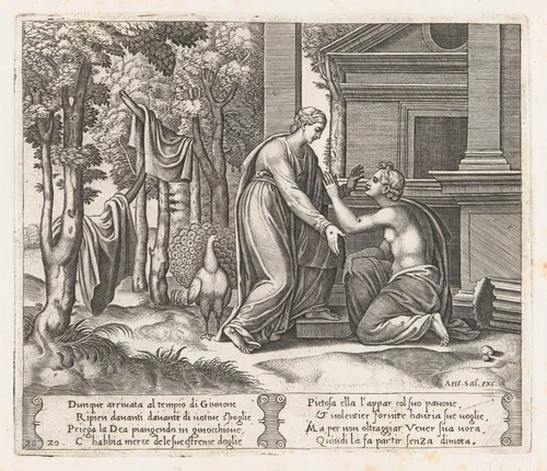 Plate 20: Juno, standing at left, sends away Psyche, who kneels before her, from "The Story of Cupid and Psyche as told by Apuleius" by Master of the Die, print, 1530-1560