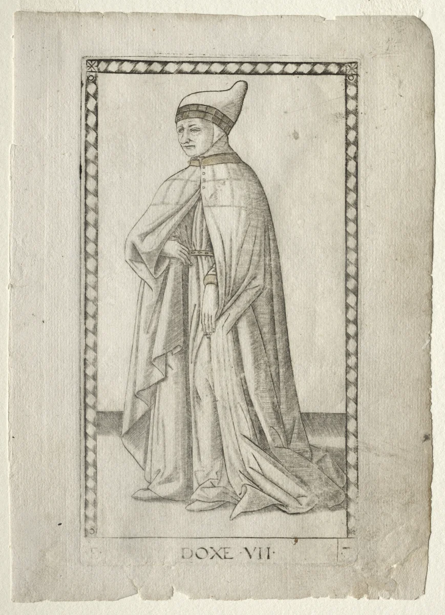 The Doge (from the Tarocchi, series E: Conditions of Man, #7) by Master of the E-Series Tarocchi, print, 1457-1467