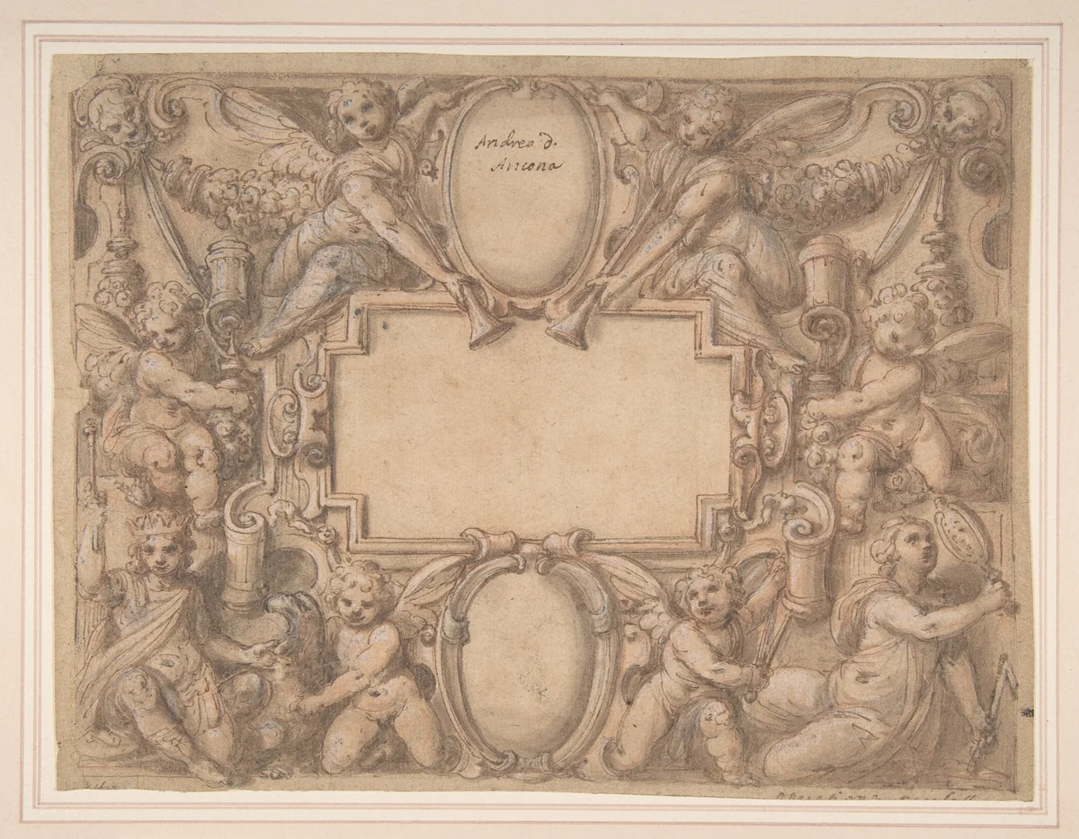 A Cartouche and Two Shields Surrounded by Allegorical Figures. by Andrea Lilli, drawing, 1570-1631