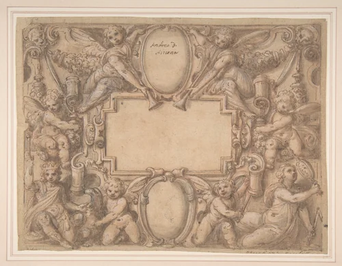 A Cartouche and Two Shields Surrounded by Allegorical Figures. by Andrea Lilli, drawing, 1570-1631
