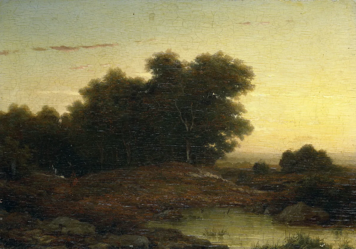 View in the Woods at Sunset by Louwrens Hanedoes, painting, 1849