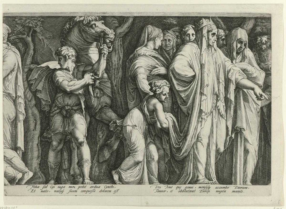 Fries met de bestraffing van Niobe (plaat 6) by Jan Saenredam, print, 1594