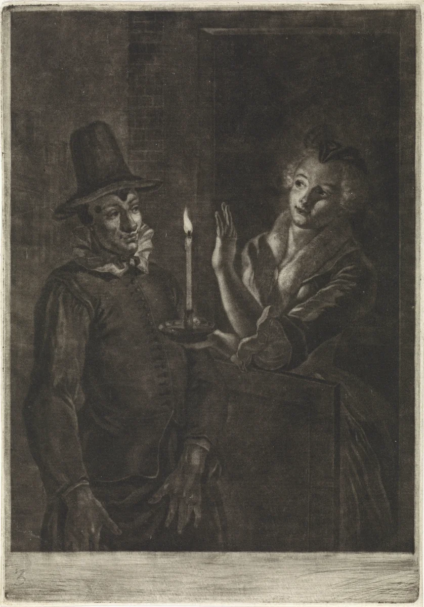 Jan Claasz of de gewaande dienstmaagd: de liefdesverklaring van Reinier Adriaansz by Abraham Delfos, print, 1741-1820