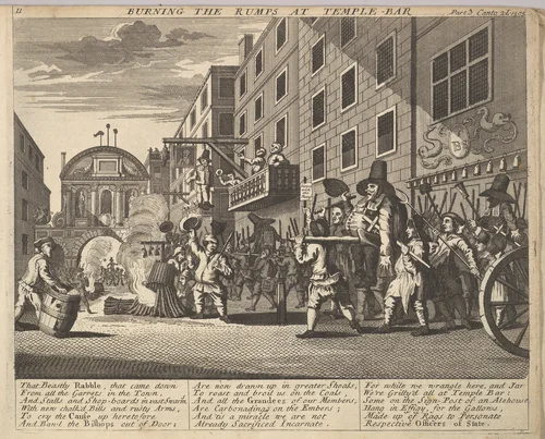 Burning the Rumps at Temple Bar (Plate 11: Illustrations to Samuel Butler's Hudibras) by William Hogarth, print, 1725-1730