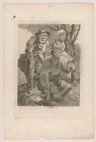 Drie bedelaars bij een boom by Johannes Josephus Aarts, print, 1881-1934