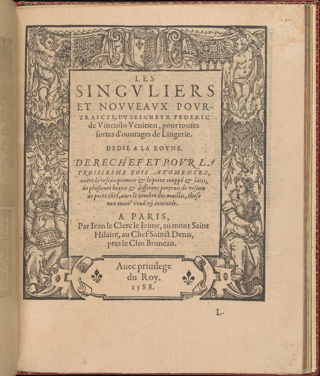 Les Singuliers et Nouveaux Portraicts... page 41 (recto) by Federico de Vinciolo, book, 1588