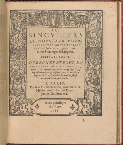 Les Singuliers et Nouveaux Portraicts... page 41 (recto) by Federico de Vinciolo, book, 1588