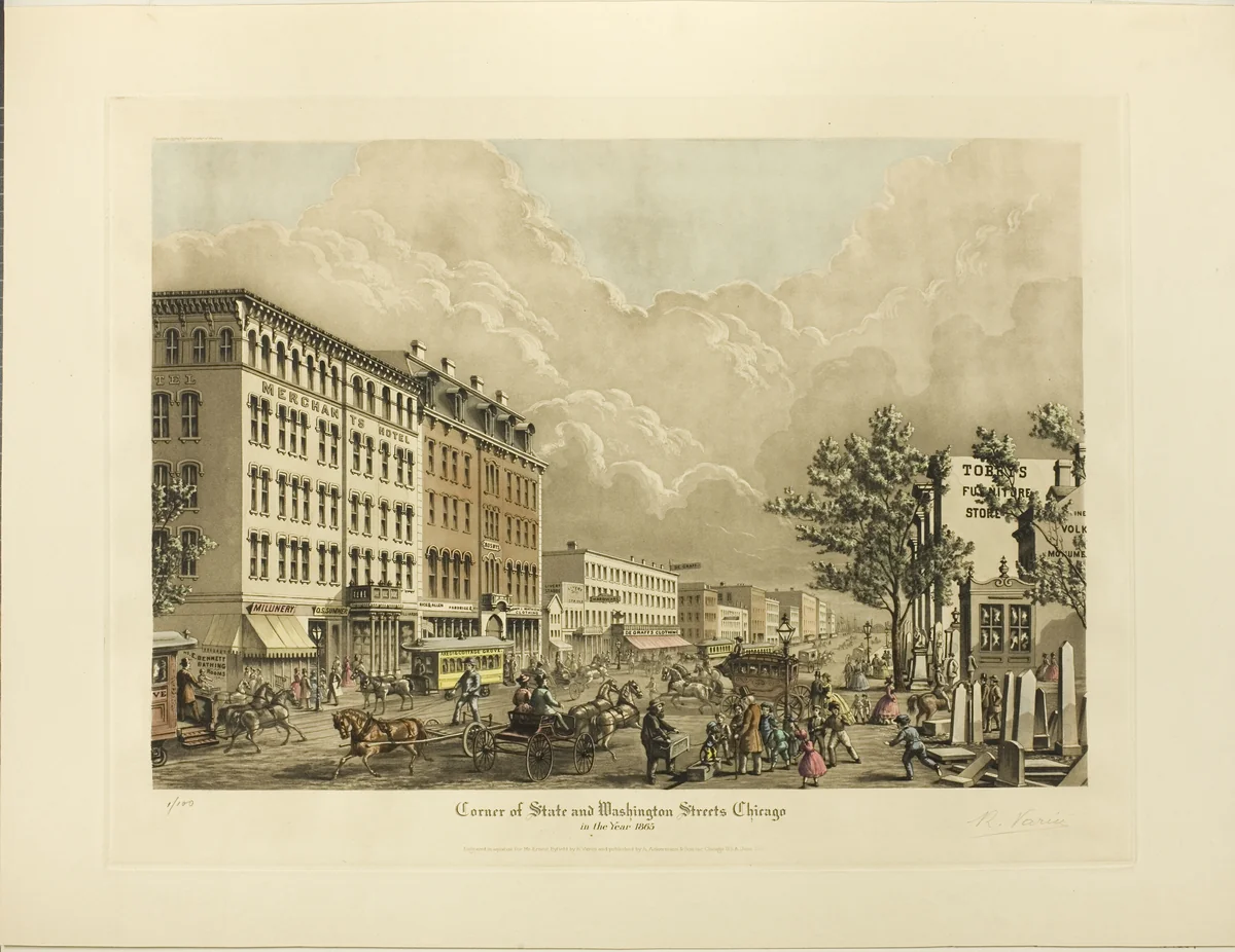 Corner of State and Washington Streets, Chicago, in the Year 1865 by Raoul Varin, print, 1928