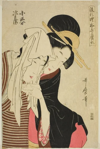 Koharu and Jihei, from the series "Fashionable Patterns in Utamaro Style (Ryuko moyo Utamaro-gata)" by Kitagawa Utamaro (喜多川歌麿), print, 1793-1804