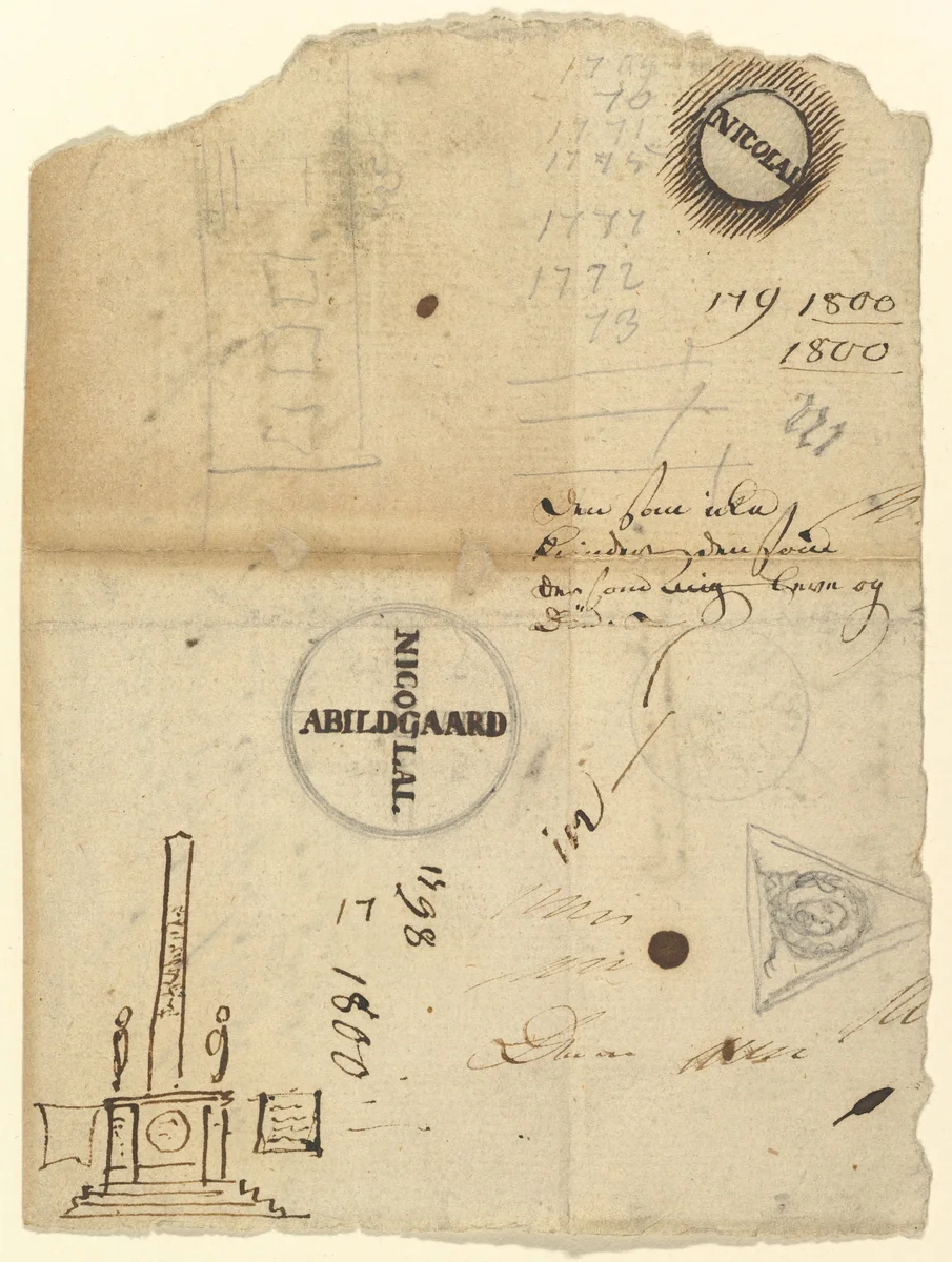 Notes with a studies for the Column of Liberty (Frihedstøtten) by Nicolai Abraham Abildgaard, drawing, 1786-1796