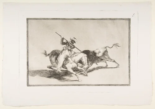 Plate 5 from "La Tauromaquia": The spirited Moor Gazul is the first to spear bulls according to the rules by Goya, print, 1816
