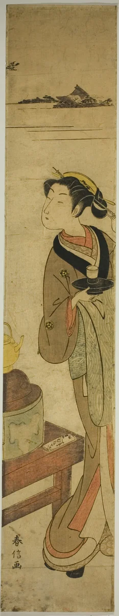 The Waitress Osen of the Kagiya teahouse Carrying a Cup of Tea by Suzuki Harunobu (鈴木春信), print, 1764-1770