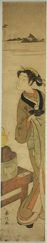 The Waitress Osen of the Kagiya teahouse Carrying a Cup of Tea by Suzuki Harunobu (鈴木春信), print, 1764-1770