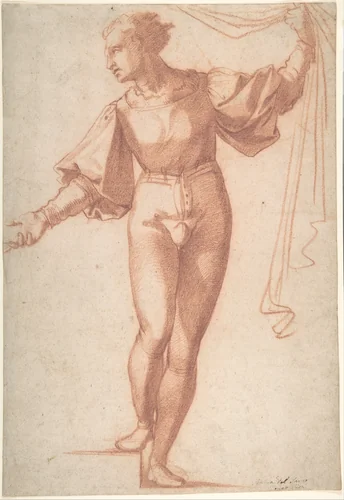 Study for a Standing Young Man, Raising a Curtain and Looking at Left by Baccio Bandinelli, drawing, 1518-1519