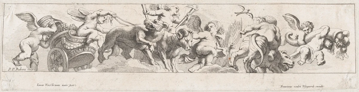 Frieze with putti, some riding a chariot pulled by animals, others riding animals and holding garlands by Lucas Vorsterman II, print, 1635-1666