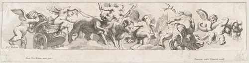 Frieze with putti, some riding a chariot pulled by animals, others riding animals and holding garlands by Lucas Vorsterman II, print, 1635-1666