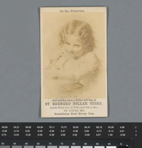 Reclame voor koopjeswinkel St. Bernard te Saint Louis met reproductie van een prent van een meisje by anonymous, photograph, 1850-1915