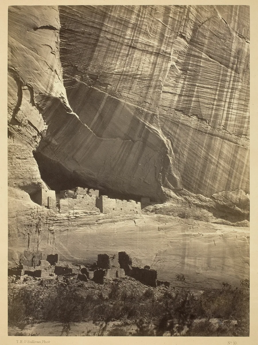Ancient Ruins in the Cañon de Chelle, N.M. In a niche 50 feet above present Cañon bed. by Timothy O'Sullivan, photograph, 1873