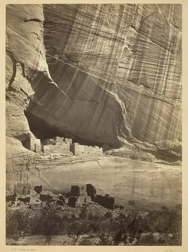 Ancient Ruins in the Cañon de Chelle, N.M. In a niche 50 feet above present Cañon bed. by Timothy O'Sullivan, photograph, 1873